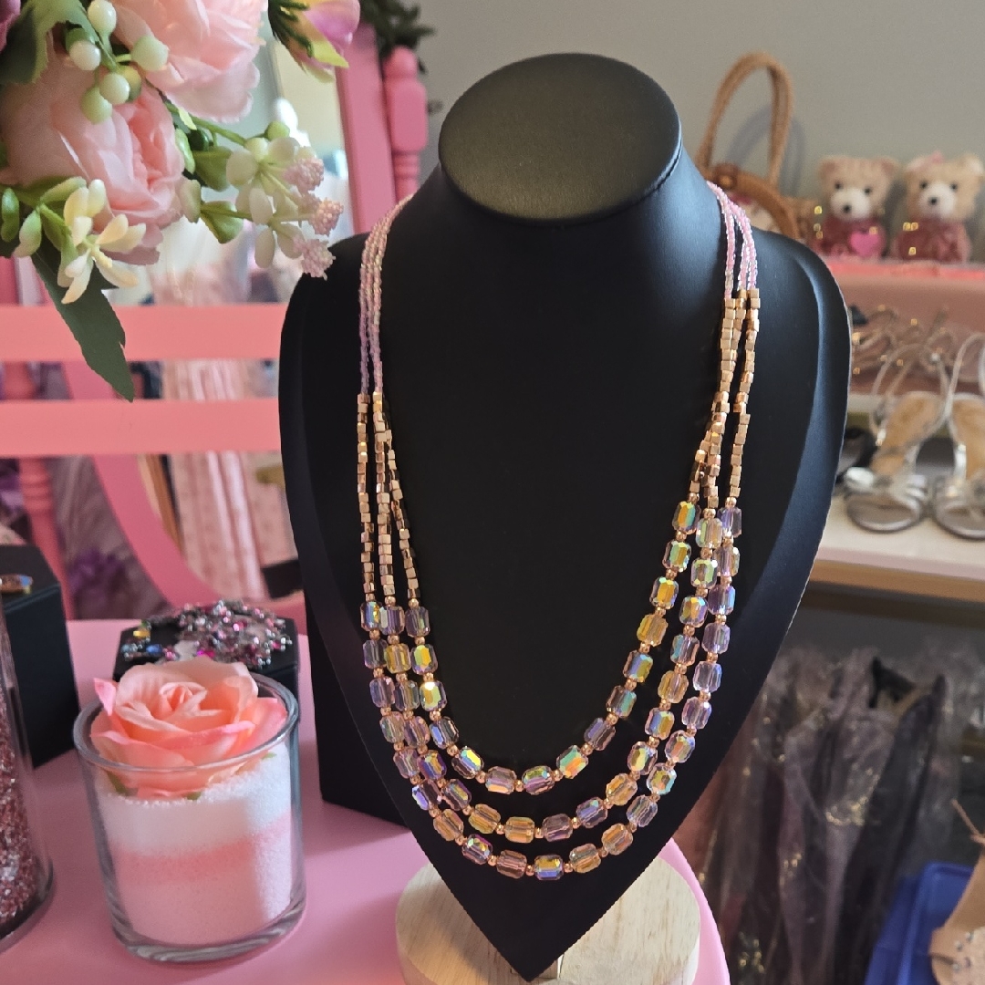 Iridescent Pink High Quality Crystal Glass Layered Beaded Statement Neclace